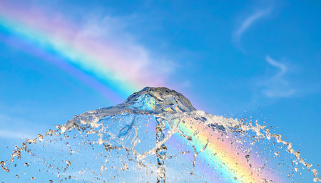 A water fountain spray refracts sunlight to create a vibrant rainbow against a clear blue sky.の素材