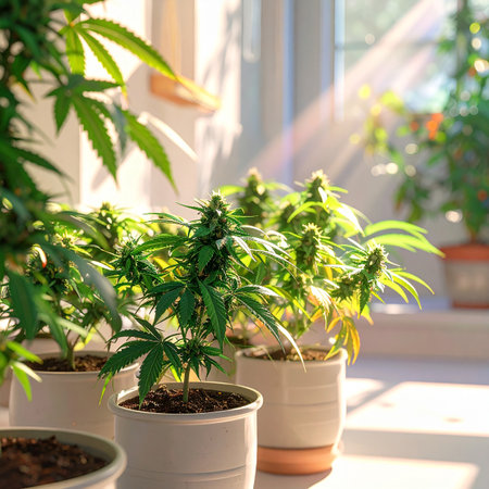 Potted cannabis plants with developing buds are illuminated by soft sunlight near a window.の素材