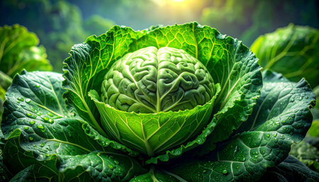 A green cabbage displays a human brain at its core, bathed in bright sunlight. Clear details and vibrant color...の素材