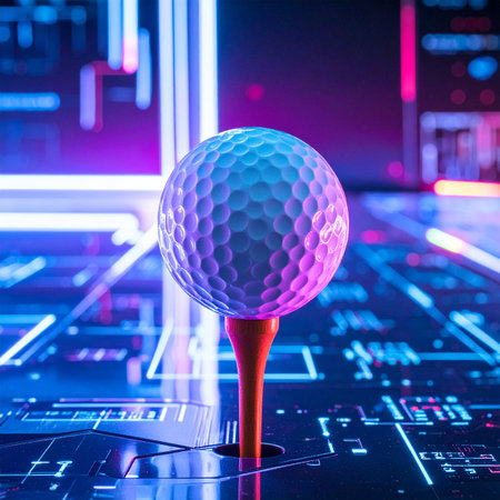 A golf ball sits on an orange tee, illuminated by a futuristic neon circuit board in shades of blue and pink.の素材
