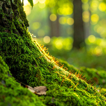 Detailed view of moss on a tree trunk, catching sunbeams with a soft, blurred forest background and bokeh.の素材