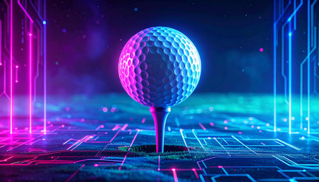 A neon golf ball on a tee sits on a circuit board with glowing blue and pink lines.の素材