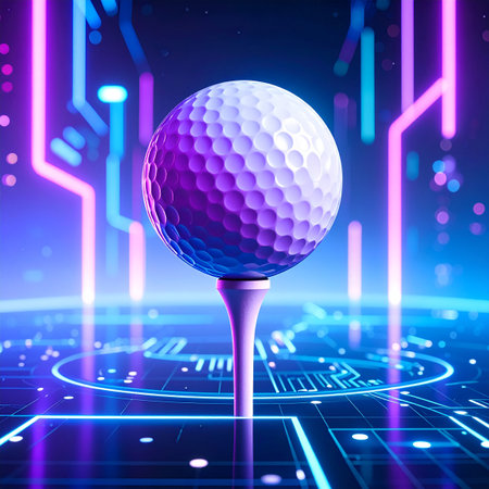 A golf ball rests on a tee against a glowing neon circuit board background in vibrant purple and blue.の素材
