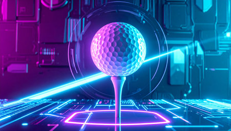 A neon golf ball on a tee is surrounded by glowing digital elements and futuristic technology.の素材