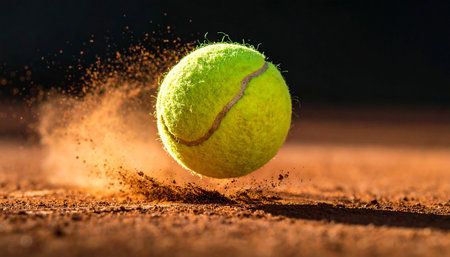 A tennis ball hovers above a clay court, surrounded by a spray of brown dirt and dust.の素材