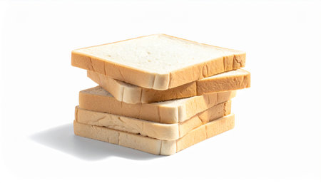 A stack of five slices of white bread with golden brown crusts is arranged on a white surface.の素材