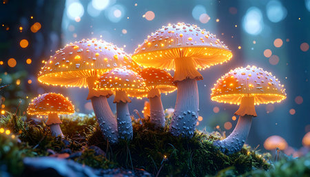 A group of luminous orange mushrooms with white speckles in a dark, magical forest with soft, sparkling lights.の素材