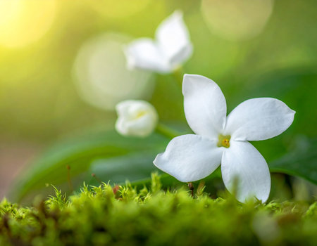 A single white jasmine flower rests on green moss with a sunlit bokeh background. Clear details and vibrant co...の素材