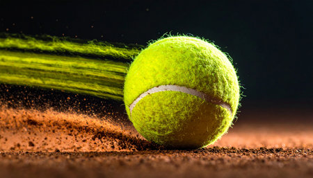 A tennis ball moves across a clay court, leaving a vibrant streak of yellow dust and dirt behind.の素材
