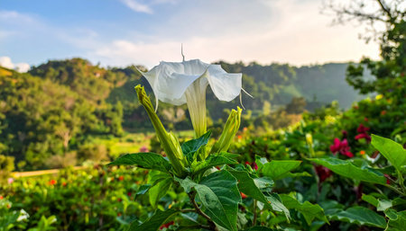 A white trumpet flower with green leaves and buds in the foreground, with hills in the background.の素材