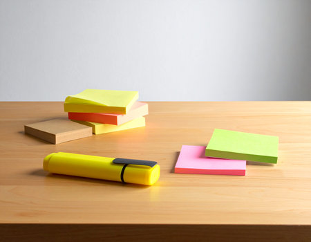 Category: showing yellow highlighter and stacks of colorful sticky notes on a wooden desk keywords: yellow...の素材