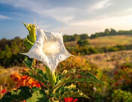 A white star-shaped trumpet flower in a field with a sunset sky and rolling hills Clear details and vibrant co...の素材