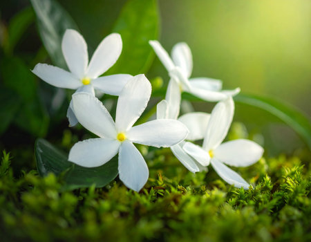 White jasmine flowers are nestled on green moss, illuminated by soft sunlight and bokeh.の素材