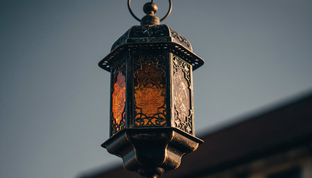 An ornate antique metal lantern with amber glass panels hangs outdoors against a dusky sky.の素材