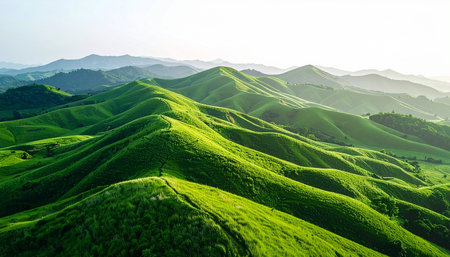 A vast panorama of lush green rolling hills and distant mountains under a bright sky.の素材