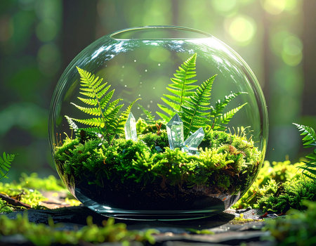 A glass terrarium containing moss, ferns, and crystals is illuminated by dappled light.の素材