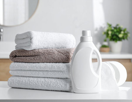 A white laundry detergent bottle stands beside stacked towels and multiple rolls of toilet paper.の素材