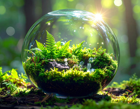 A glass terrarium with moss, ferns, and crystals is bathed in sunlight with sun rays.の素材