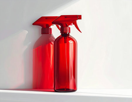 Two red transparent spray bottles with trigger sprayers are positioned side by side on a white surface.の素材