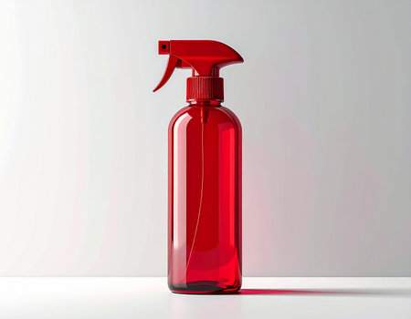 A single red transparent spray bottle with a trigger sprayer is presented on a white surface with light and...の素材
