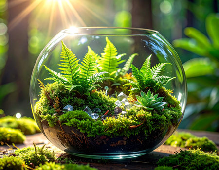 A glass terrarium with moss, ferns, a succulent, and crystals is in bright sunlight.の素材