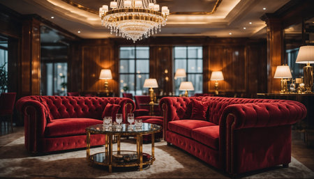 Two red velvet Chesterfield sofas are arranged in a luxurious room with a crystal chandelier and warm lighting.の素材