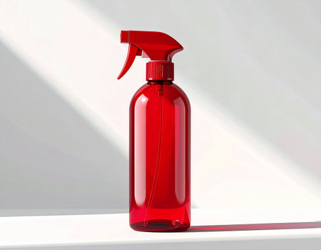 A single red transparent spray bottle with a trigger sprayer stands on a white surface with light and shadow.の素材