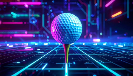A golf ball on a tee is illuminated by neon lights against a digital circuit board background.の素材