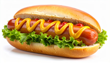 A hot dog with lettuce, ketchup, and mustard is presented on a white background. Clear details and vibrant col...の素材
