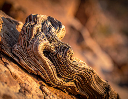 Close up of weathered, textured driftwood with warm sunlight highlighting its intricate grain patterns.の素材
