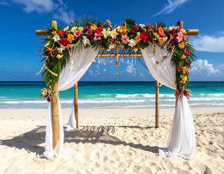 A tropical wedding arch on a beach is decorated with colorful flowers, hanging shells, and flowing white...の素材
