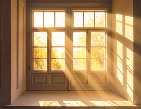 Warm sunlight streams through a large window, creating dramatic light rays and shadows on the floor.の素材