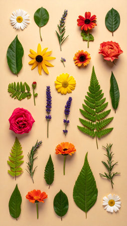 A flat lay composition of various colorful flowers, lavender, and green leaves arranged on a soft peach...の素材