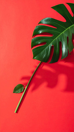 A large green monstera leaf with a small leaf and stem diagonally placed on a red background.の素材