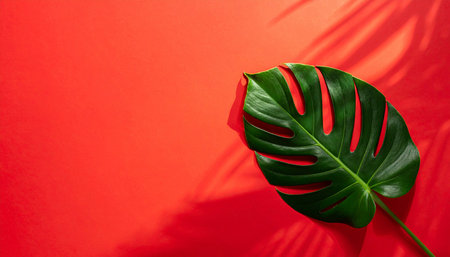 A green monstera leaf casts a shadow on a bold red background. Clear details and vibrant colors enhance visual...の素材
