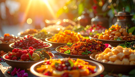 A sunlit outdoor buffet table laden with diverse bowls of fresh fruits and savory dishes.の素材