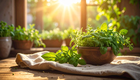 Potted herbs and a bowl of fresh herbs sit on a table with sunlight streaming through a window.の素材