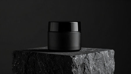 Black matte cosmetic jar with black lid on a textured stone, dark background Clear details and vibrant colors...の素材