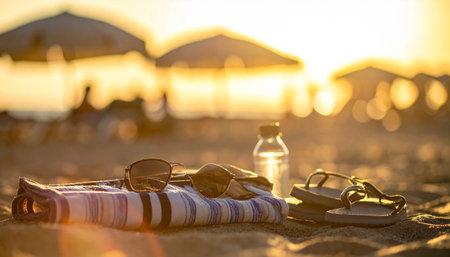 Beach scene at sunset with sunglasses towel flip flops and water bottle Clear details and vibrant colors enha...の素材