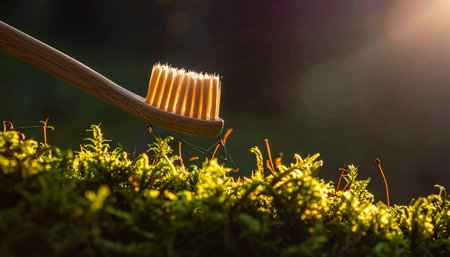 A close-up of bamboo toothbrush bristles is illuminated by sunlight on mossy ground.の素材