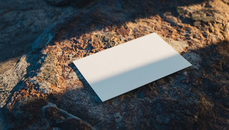 A blank white business card lies on a textured rock surface with strong sunlight and shadows.の素材