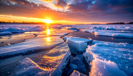 Close up of cracked ice on water with a vibrant sunset sky and sun rays. Clear details and vibrant colors enh...の素材