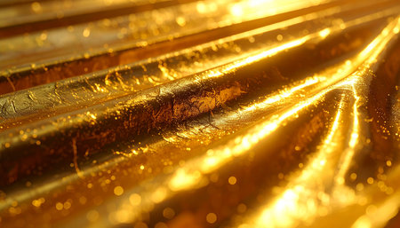 Close-up of textured golden fabric with light reflections and bokeh Clear details and vibrant colors enhance ...の素材