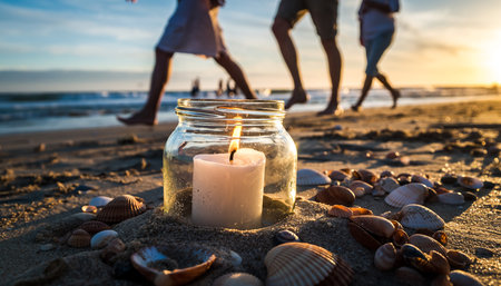A lit candle in a jar sits on a sandy beach with shells, people walking in the background at sunset.の素材