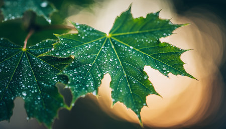 Close-up of green maple leaves covered in water droplets with soft bokeh background.の素材