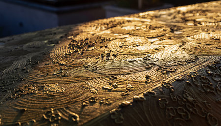 Close-up of a textured golden surface with swirling patterns and small raised details.の素材