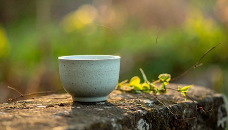 A light blue ceramic tea bowl rests on a stone with green leaves and soft bokeh. Clear details and vibrant co...の素材
