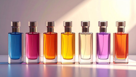 A line of colorful glass perfume bottles with gold caps, bathed in soft light. Clear details and vibrant colo...の素材