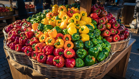 A close-up of red, green, and yellow bell peppers in woven baskets at a market. Clear details and vibrant col...の素材