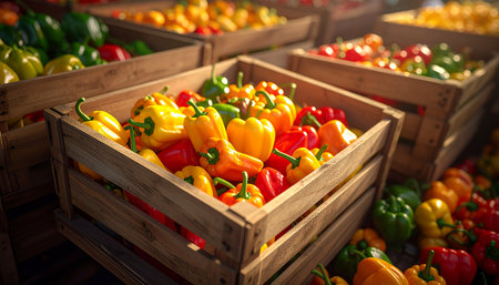Wooden crates overflowing with red, yellow, and orange bell peppers at a market. Clear details and vibrant co...の素材
